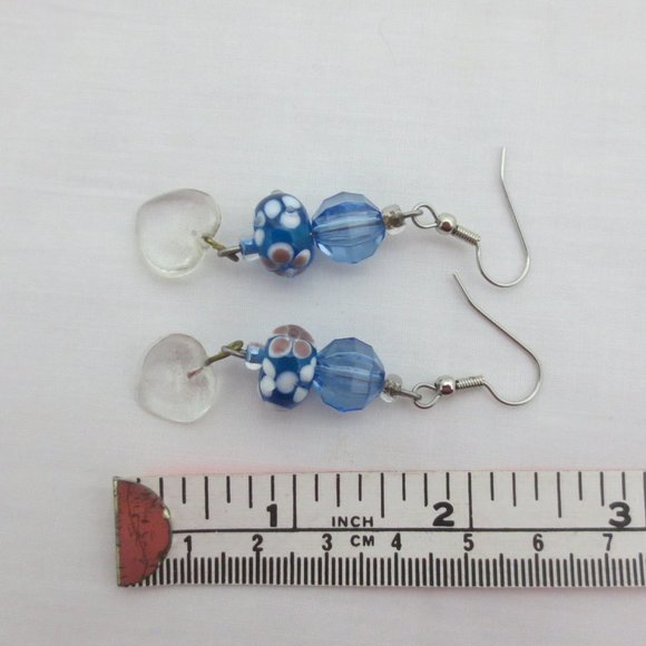 New Blue Floral Lampwork Glass Heart Lightweight Dangle Earrings - Picture 4 of 6